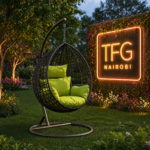 A premium SERENGETI BG188 black wicker egg swing chair featuring plush lime green cushions, set in a beautifully lit evening garden at a luxury villa in Loresho, Nairobi.