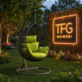 A premium SERENGETI BG188 black wicker egg swing chair featuring plush lime green cushions, set in a beautifully lit evening garden at a luxury villa in Loresho, Nairobi.