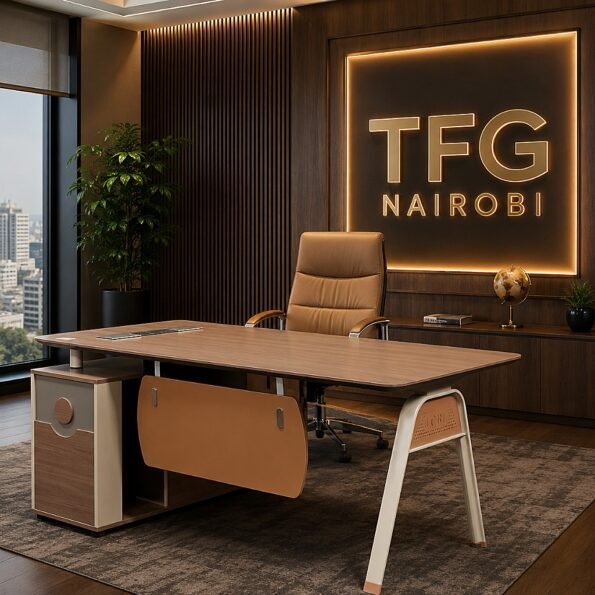 A premium SESSI YT55 1.8m executive office desk by EKINTOP Furniture featuring integrated storage and a tan leather high-back chair in an Upper Hill office suite.