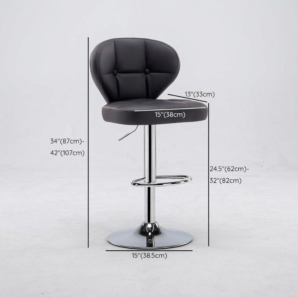A226 Black Bar Stool – Technical Specifications & Dimensions Technical diagram showing height and width dimensions of the A226 Black quilted leather swivel bar stool, including adjustable height from 87cm to 107cm and seat width of 38.5cm.