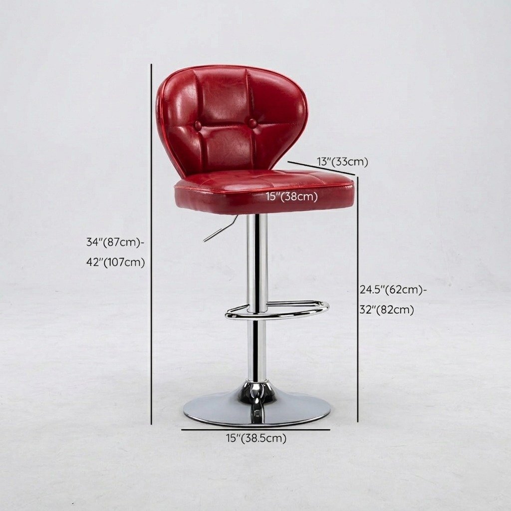A226 Red Bar Stool – Technical Specifications & Dimensions Technical diagram showing height and width dimensions of the A226 Red quilted leather swivel bar stool, including adjustable height from 87cm to 107cm.