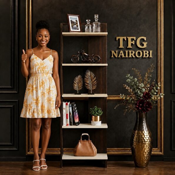 Happy client showing thumbs up beside TFG ODS577-1 bookcase with dark wood and cream shelves in Muthaiga, Nairobi, Kenya