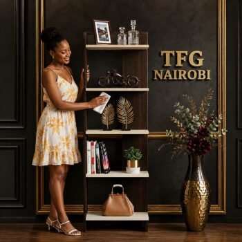Woman cleaning TFG ODS577-1 bookcase with dark wood and cream shelves in Muthaiga, Nairobi, Kenya