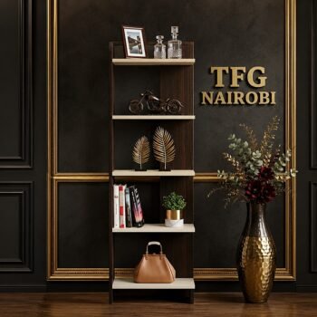 TFG ODS577-1 bookcase with dark wood and cream shelves styled with décor in Muthaiga, Nairobi, Kenya