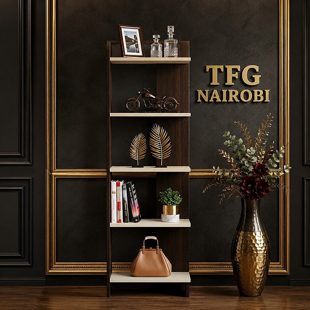 TFG ODS577-1 Bookcase in Muthaiga Nairobi TFG ODS577-1 bookcase with dark wood and cream shelves styled with décor in Muthaiga, Nairobi, Kenya