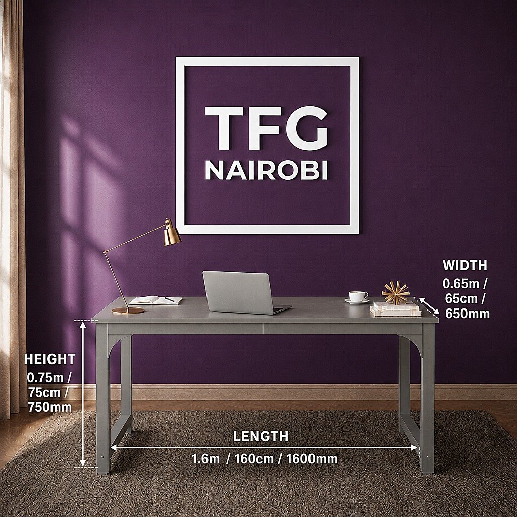 TFG VM1.6M Grey Computer Table Dimensions in Gatundu Road Nairobi Dimension illustration of TFG VM1.6M grey computer table showing 160cm length, 65cm width and 75cm height in Gatundu Road, Nairobi, Kenya