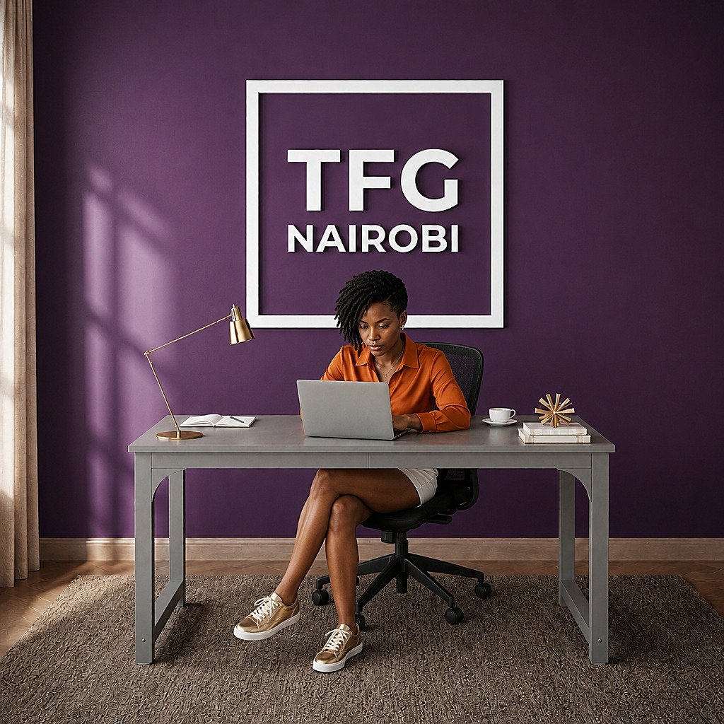 TFG VM1.6M Grey Computer Table Lifestyle Shot in Gatundu Road Nairobi Client working on laptop at TFG VM1.6M grey computer table in a modern workspace on Gatundu Road, Nairobi, Kenya