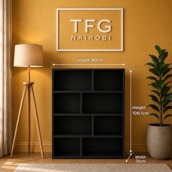 Dimension guide for TFG111-4 black mini bookshelf showing 80cm length, 30cm width and 106.1cm height in Lavington, Nairobi, Kenya
