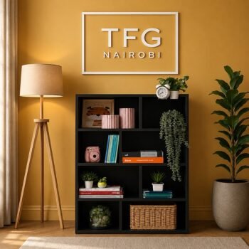 TFG111-4 black mini bookshelf with open storage compartments styled in Lavington, Nairobi, Kenya