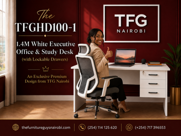 A satisfied professional giving a thumbs-up of approval while seated at the TFGHD100-1 1.4M white executive office desk in a premium Hurlingham home office along Argwings Kodhek Road, Nairobi.