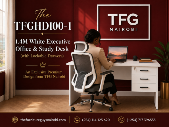 A female professional working on a laptop at the TFGHD100-1 1.4M white executive office desk, seated in a modern ergonomic chair inside a premium home office in Hurlingham along Argwings Kodhek Road, Nairobi.