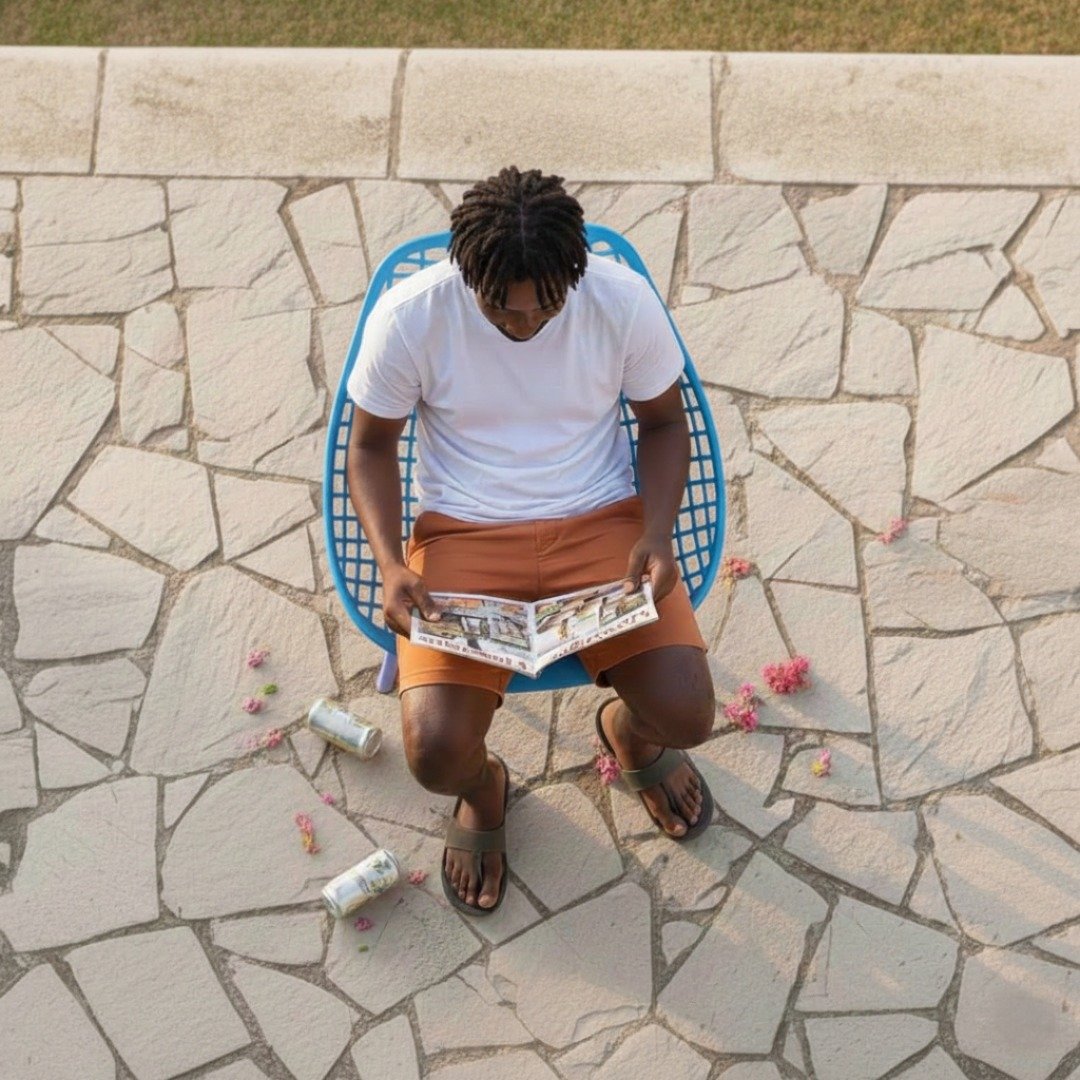 Gigiri Diplomatic Style – TFG Nairobi EO197BL Top-down view of a man reading a magazine on a blue EO197BL Eames chair in Gigiri.
