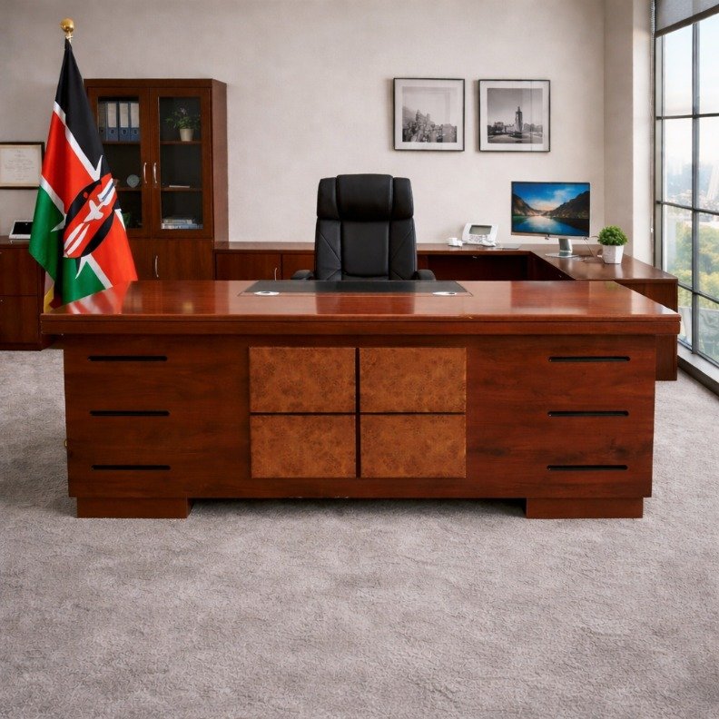 TWAF851 1.4M Executive Desk - Westlands Setup 1.4m executive office desk in a prestigious Westlands law firm featuring a glossy red-brown veneer finish.