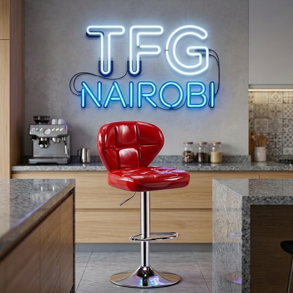 A226 Red Bar Stool – Valley Road Nairobi Collection Vibrant A226 red bar stool quilted leather swivel bar stool with chrome base in a modern Valley Road kitchen setting, Nairobi.