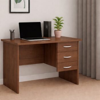 Premium Walnut 120cm home office desk with 3 lockable drawers and wood grain finish, installed in a Muthaiga home library, Nairobi.