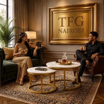 A05-1 marble nesting coffee tables with gold frame in a luxury living room with two happy clients in Othaya Road, Nairobi, Kenya