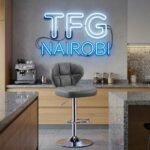 Elegant A226 gray bar stool, quilted leather swivel bar stool with chrome base in a luxury kitchen setting in Mimosa, Runda, Nairobi.