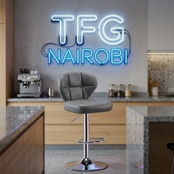 Elegant A226 gray bar stool, quilted leather swivel bar stool with chrome base in a luxury kitchen setting in Mimosa, Runda, Nairobi.