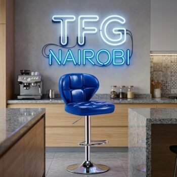 Vibrant A226 blue bar stool quilted leather swivel bar stool with chrome base and footrest in a modern kitchen setting at 11 Riverside Drive, Nairobi.