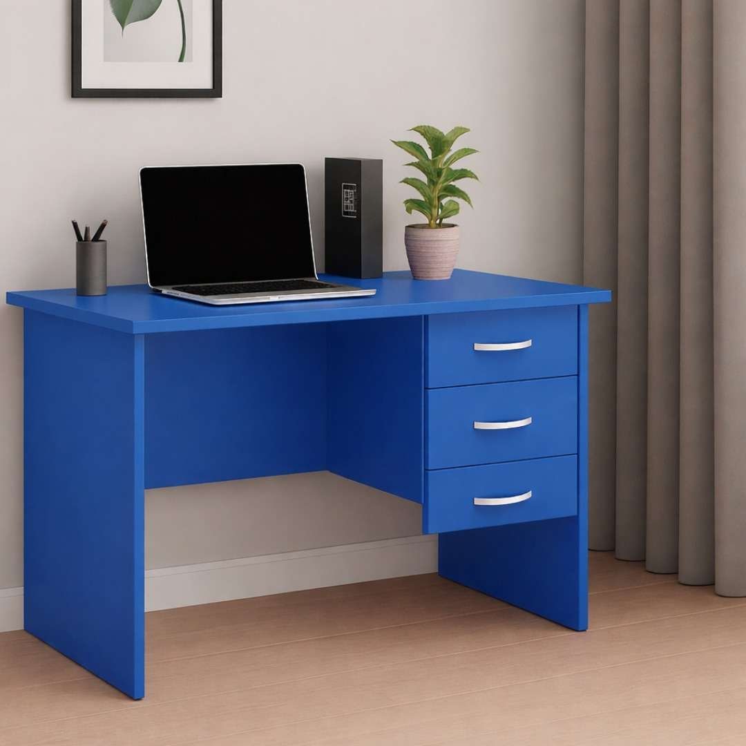 BLUE 120CM Executive Study Desk - TFG Nairobi Blue 120cm home office desk with 3 lockable drawers and cable management, installed in a Kileleshwa apartment, Nairobi.