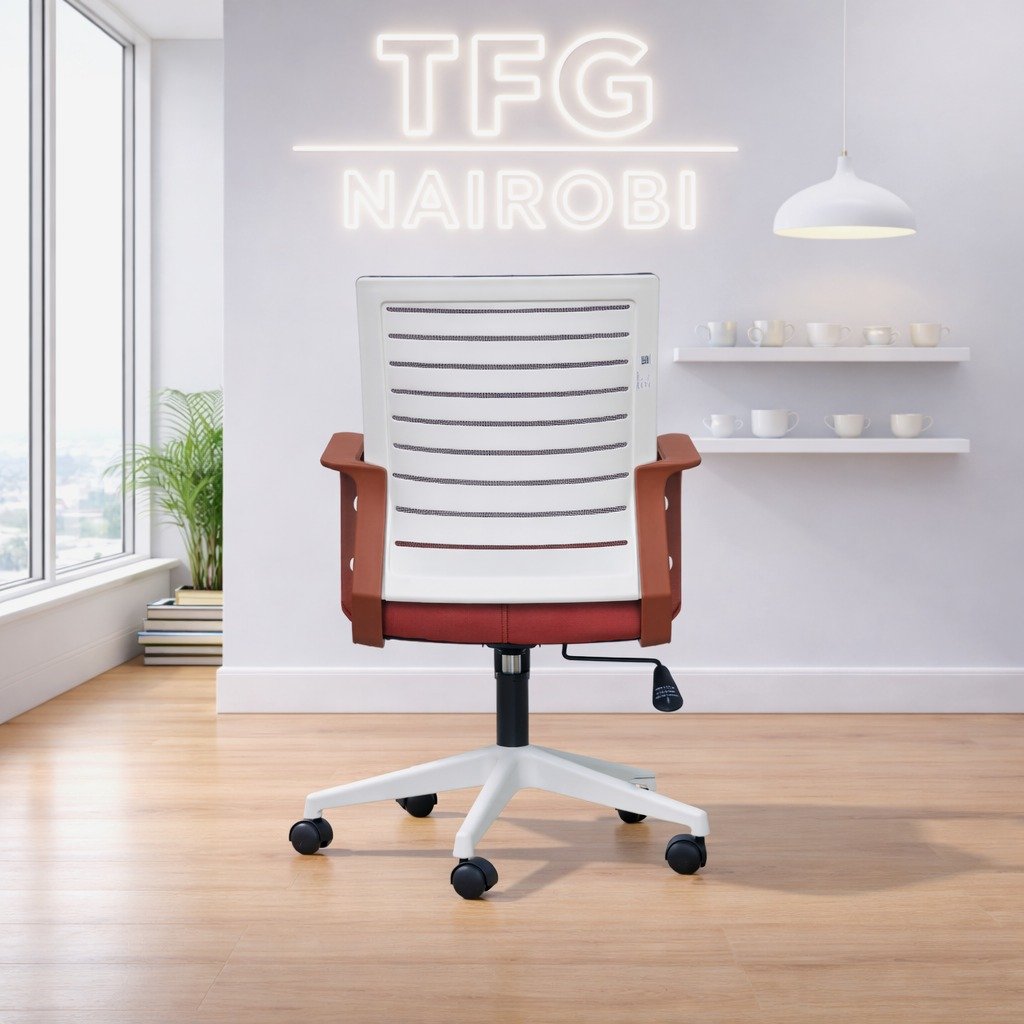 BN2400-OG Office Chair - Parklands Professional Series Rear view of BN2400-OG white and orange mid-back ergonomic office chair showing premium nylon frame in a Parklands Nairobi office.