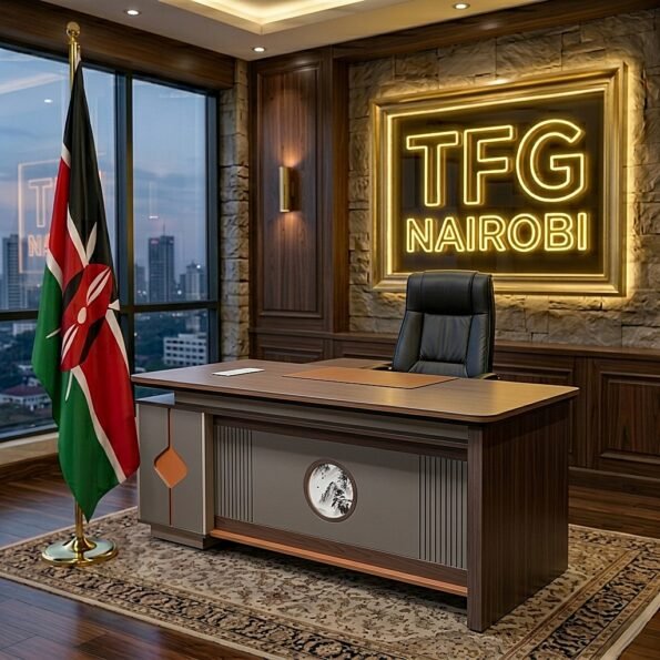 EKTP8071 1.8M Executive Office Desk by Ekintop Furniture staged in a luxury lawyer's office in Gigiri, Nairobi, featuring a modern grey and mahogany finish.