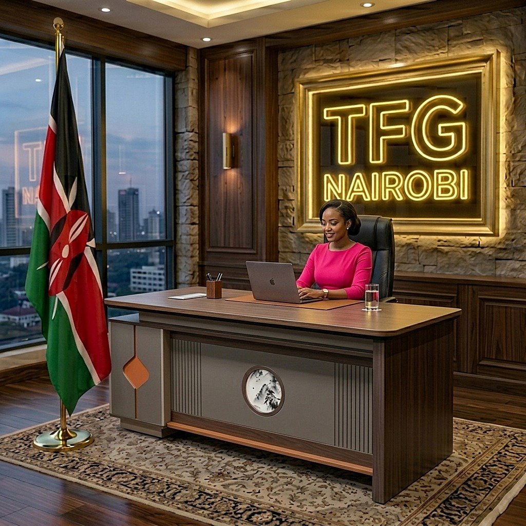 EKTP8071 Executive Desk 1.8M - Gigiri Nairobi Office A female lawyer working on an EKTP8071 1.8M executive office desk with a modern grey finish in a luxury Gigiri office, Nairobi.