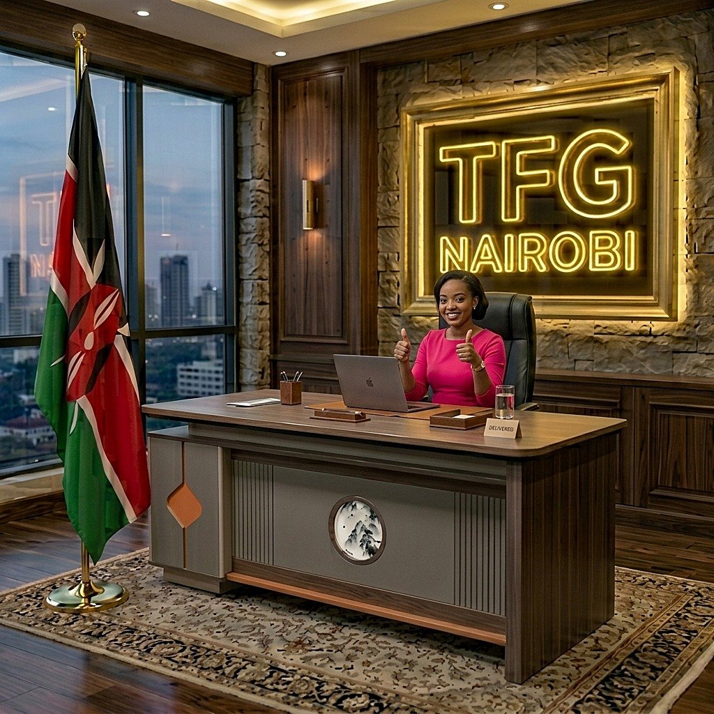 Lawyer Approval - EKTP8071 1.8M Executive Desk Gigiri A smiling female lawyer giving a thumbs up behind an EKTP8071 1.8M executive office desk from The Furniture Guys Nairobi in a luxury Gigiri office.