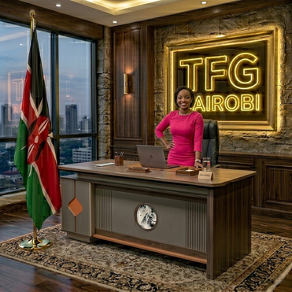 EKTP8071 1.8M Executive Desk - Professional Standing Pose Gigiri A confident female lawyer standing behind her EKTP8071 1.8M executive office desk from TFG Nairobi in an elegant Gigiri office.