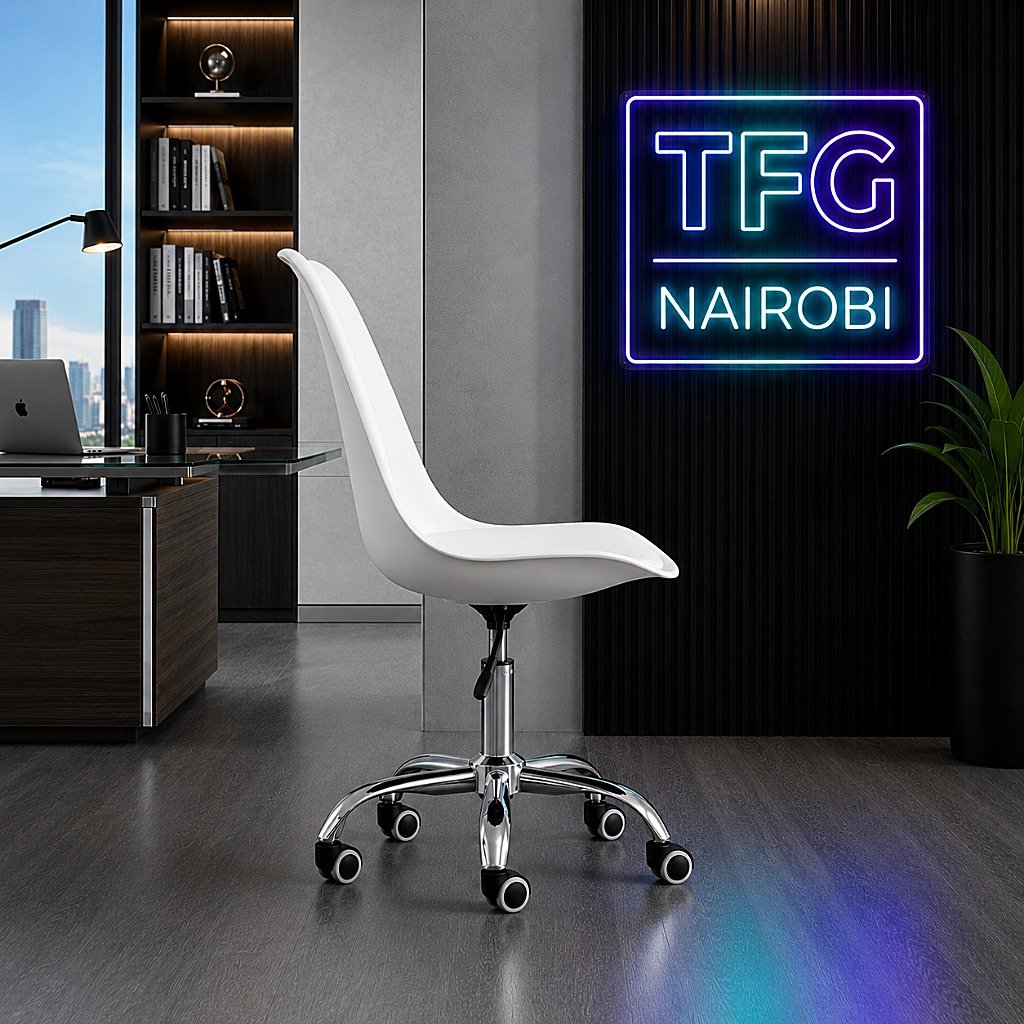 EO1300W Eames Office Chair - Extreme Side Profile Parklands An extreme side profile view of the white EO1300W Eames-style office chair highlighting the ergonomic backrest curve and polished chrome star base in a Parklands executive office.