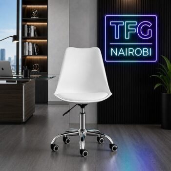 Direct front view of the EO1300W Eames-style white office chair showing the minimalist padded seat and high-shine chrome base in a Parklands executive office.