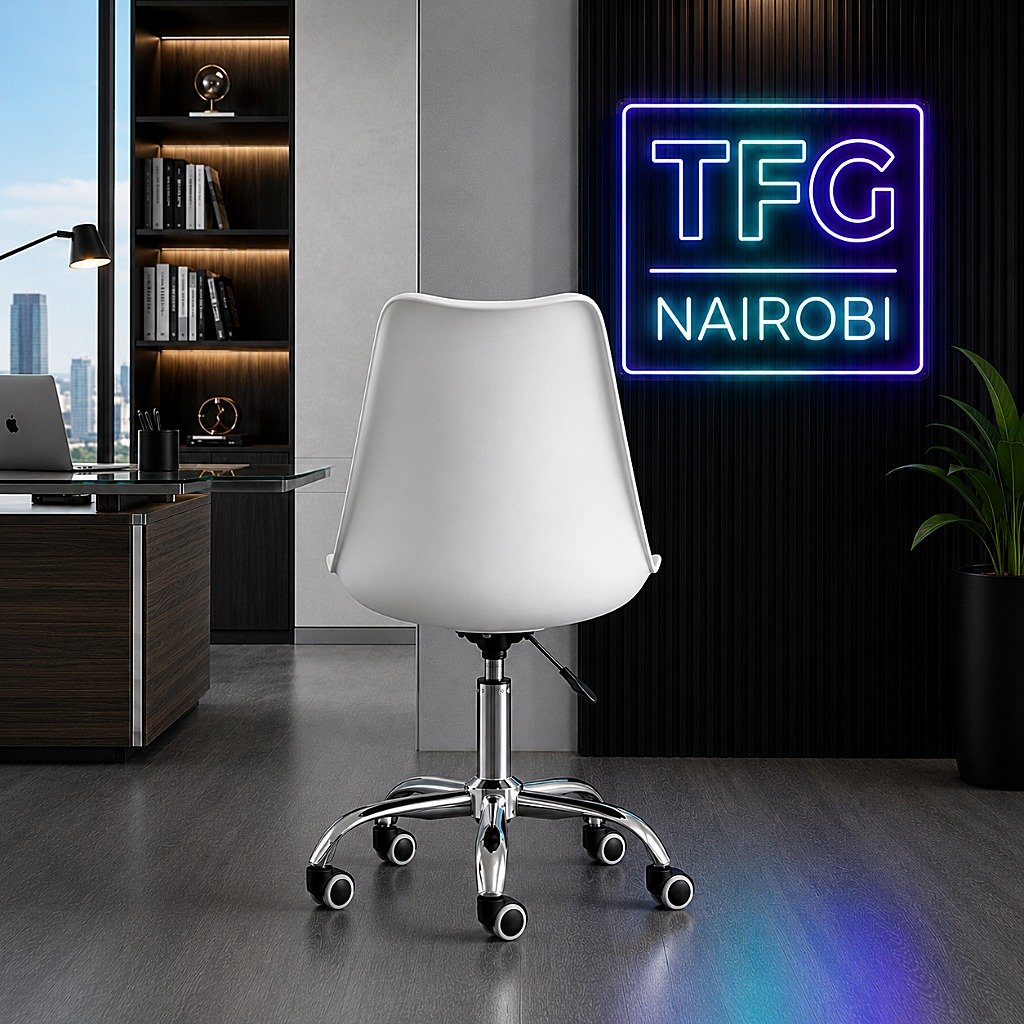 EO1300W Eames Office Chair - White Back View Parklands Collection An extreme rear view of the EO1300W Eames-style office chair in white, showcasing the seamless ergonomic back shell and high-polished chrome base in a Parklands executive office.