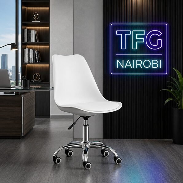 A premium white EO1300W Eames Office Chair ergonomic office chair with a polished chrome swivel base in a modern executive office in Parklands, Nairobi.