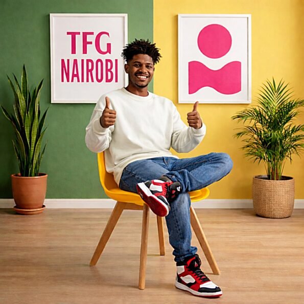 Satisfied customer giving a double thumbs up while sitting on a bright yellow EO1300YM Eames-style chair in a luxury Karen home, Nairobi.