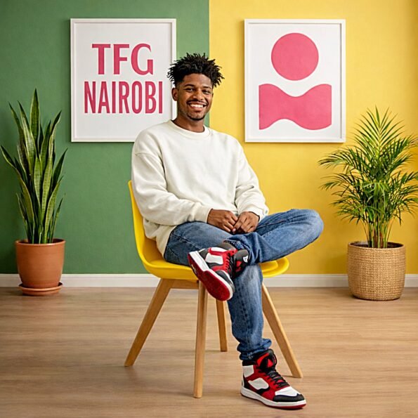 Young man in a white sweatshirt sitting on a bright yellow EO1300YM Eames-style chair in a stylish Karen residence, Nairobi.