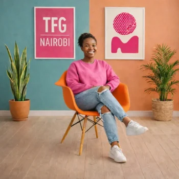 EO1571O Eames armchair with wooden legs and molded plastic shell in a modern Lavington Nairobi apartment.