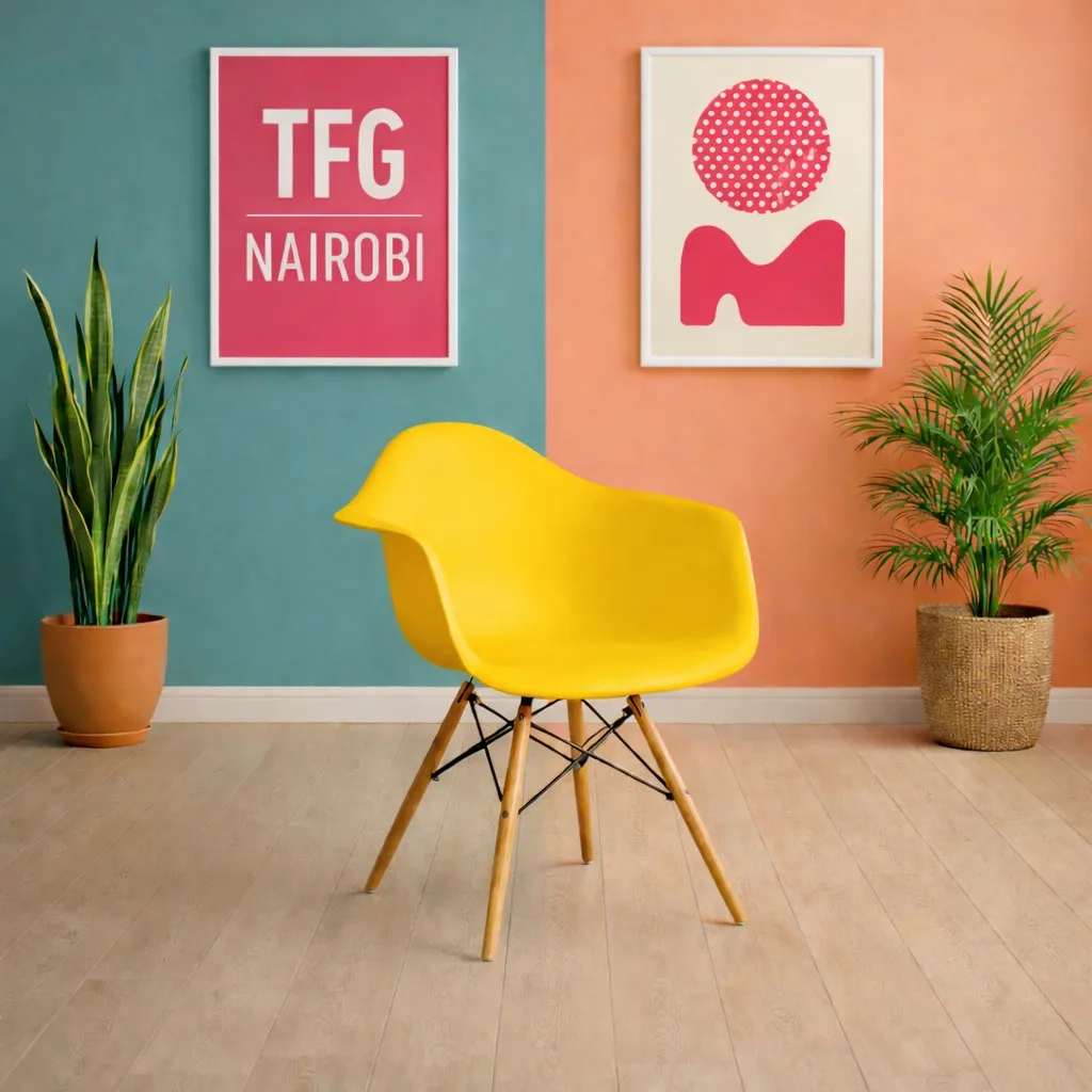 EO1571Y Eames Armchair - Westlands Studio Interior Staging EO1571Y Eames armchair with wooden legs and molded plastic seat shell in a modern Westlands Nairobi studio apartment.