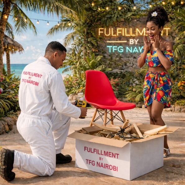 Professional furniture assembly of a red EO196R Eames Chair by TFG Nairobi fulfillment team at a coastal villa in Kilifi, Kenya.