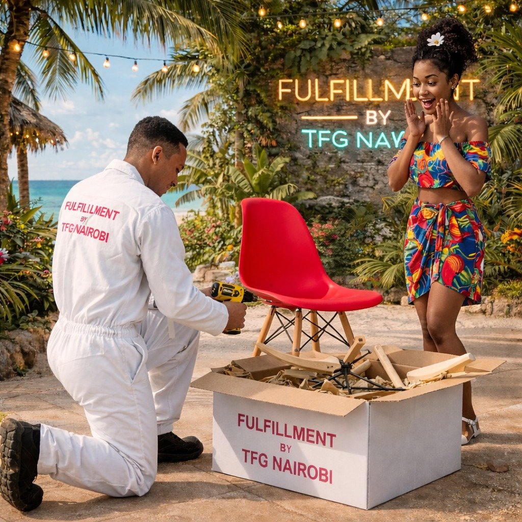 Expert Assembly - EO196R Eames Chair Kilifi Professional furniture assembly of a red EO196R Eames Chair by TFG Nairobi fulfillment team at a coastal villa in Kilifi, Kenya.