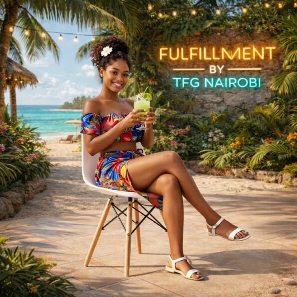 A lady relaxing on a white EO196W Eames chair at a private coastal villa in Diani, Ukunda, with TFG Nairobi fulfillment branding.