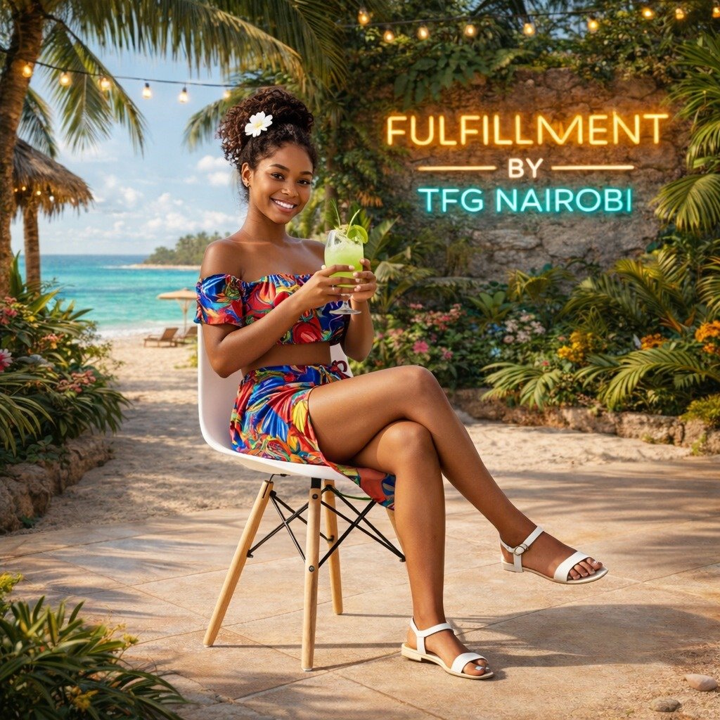 EO196W Eames Chair Lifestyle – Diani Coastal Villa A lady relaxing on a white EO196W Eames chair at a private coastal villa in Diani, Ukunda, with TFG Nairobi fulfillment branding.