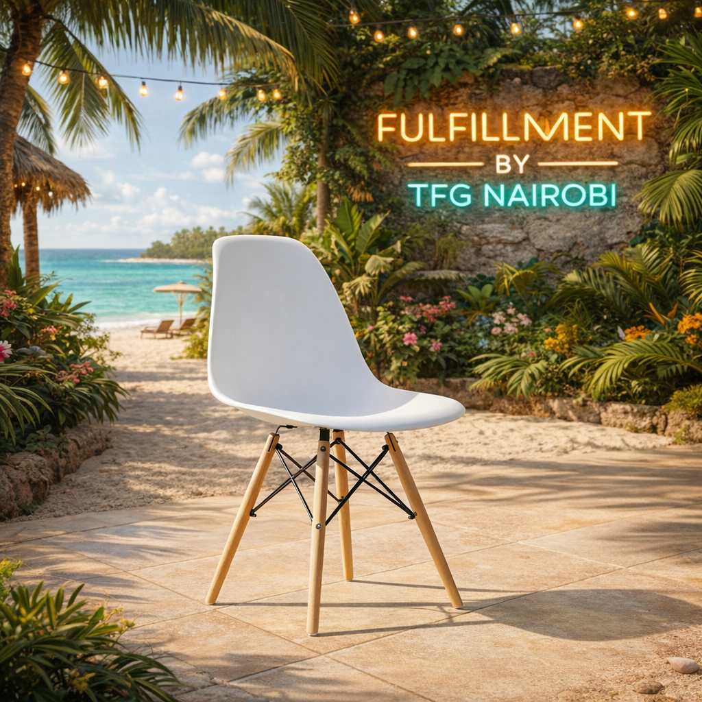EO196W Eames Chair – Diani Coastal Retreat Collection White EO196W Eames chair with wooden legs on a sunny tropical patio in Diani, Ukunda, featuring TFG Nairobi resort fulfillment branding.