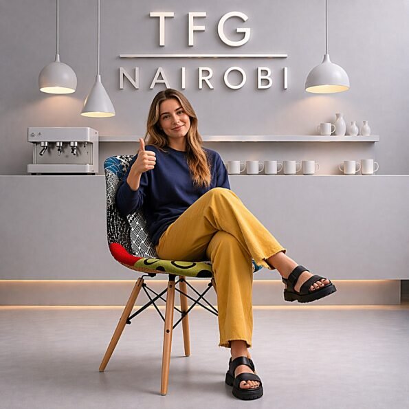 Young woman giving a thumbs up while sitting on a colorful EO8417 Patchwork Eames Fabric Chair in a luxury Lavington home, Nairobi.
