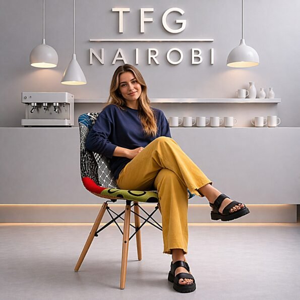 A young woman sitting comfortably on a colorful EO8417 Patchwork Eames Fabric Chair in a modern Lavington home, Nairobi.