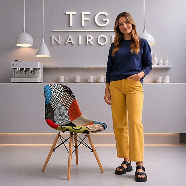 A young woman in yellow trousers standing beside a colorful EO8417 Patchwork Eames Fabric Chair in a luxury Lavington home, Nairobi.