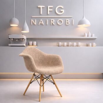EO8418 Beige Eames fabric armchair with wooden legs and upholstered shell for luxury home decor in Runda Nairobi.