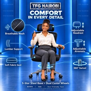 Ergonomic mesh office chair Nairobi – comfort features infographic showing breathable mesh, lumbar support, adjustable headrest and armrests, fabric seat and 360° swivel, Westlands, Nairobi