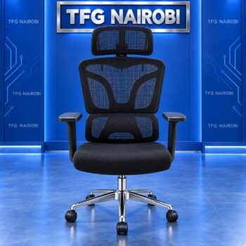 Ergonomic mesh office chair Nairobi – all black high-back chair with mesh backrest, adjustable headrest, lumbar support and chrome base, Westlands, Nairobi