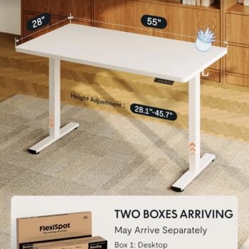 Technical dimensions for FlexiSpot EN1W 1.4M Electric Height Adjustable Standing Desk showing 55-inch width, 28-inch depth, and height range from 28.1 to 45.7 inches.