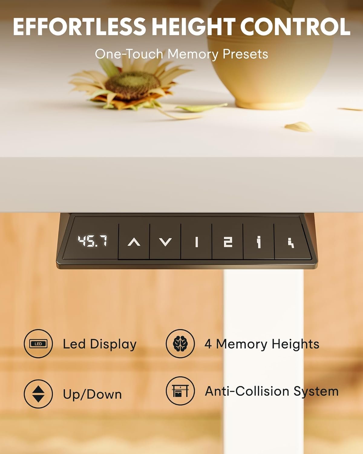 FlexiSpot EN1W Intelligent Height Controller – Westlands Executive Series Smart LED control pad for FlexiSpot EN1W 1.4M Electric Height Adjustable Standing Desk featuring 4 memory height presets, digital display, and anti-collision system.